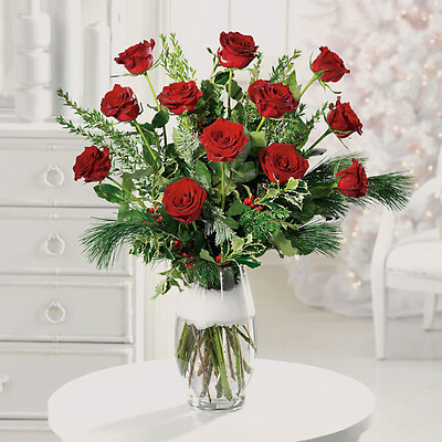 DOZEN RED ROSES MIXED GREENS