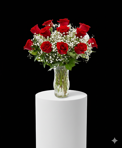 DOZEN RED ROSES WITH BABIES BREATH